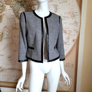 Gianni Bini houndstooth black white lady jacket black faux leather trim office 8